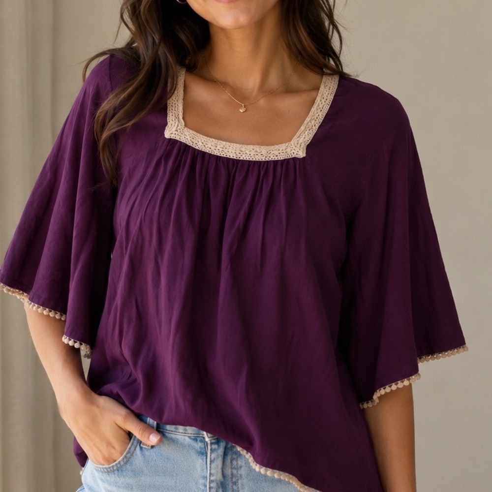 Decree Purple Boho Crochet Lace Square Neck Bell Sleeve Rayon Blouse Top L gf